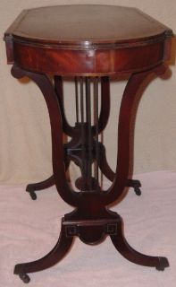 Antique Mahogany Leather Top Rolling Harp Lyre Table Stand Hollywood