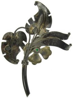 Harry Iskin Pin Brooch Sterling Silver Leaf Flower Rhinestone Vintage