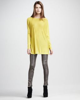 Vince Boucle Pullover Sweater, Knit Sleeve Silk Tee & Leather Leggings