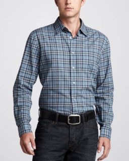 N1X2G John Varvatos Star USA Plaid Sport Shirt, Dark Blue Heather
