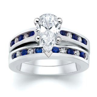 2.75 ct Pear Diamond W Round Blue Sapphire Ring Set