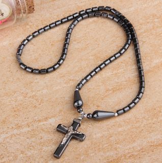 Hematite Christian Cross Pendant Black Beads Necklace