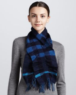 Ruched Check Cashmere Scarf, Pale Petrol Blue