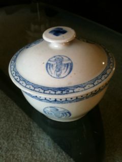 Vintage Crane Herron Covered Rice Bowl Pot Blue White Earthenware