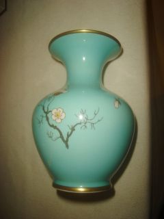Hertel Jacob Porzellan Barvaria Germany Vase Aqua w Flowers Gold Trim