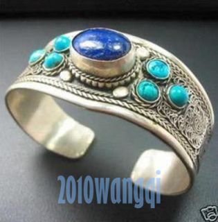  Handcraft Tibet Silver Lapis lazuli Turquoise Luck cuff open bracelet