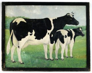 Antique C 1900 Folk Art Prized Holstein Cow Calf Painting