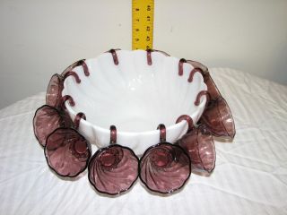 Vintage 1950s Milk Glass Punch Bowl and Amethyst Cups REDUCED Price