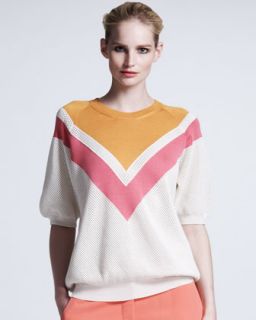 Chevron Mesh Sweater, Bright Pink/White
