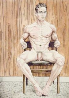 boy, homme nu, watercolor print nude male at wood paneled wall gay