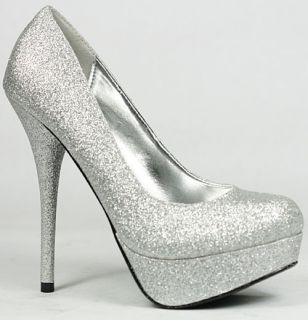 Silver Glitter High Heel Round Toe Platform Pump