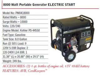 Powermate 8000 Watt 15HP Kohler ES Portable Generator PM0418000