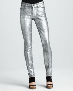 T5MQ2 7 For All Mankind Skinny Silver Metallic Jacquard Skinny Jeans