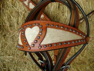  Inlay Heart Leather Western Horse Bridle Headstall Breastcollar