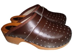 Genuine Brown Leather Wooden Sole Swedish Style Clogs Womens Mens All