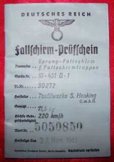 Original WWII German Parachute Log Book for Fallschirmtruppen Chute