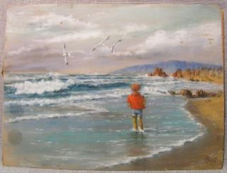 Hippolyte Petitjean Pastel Painting of Child on Beach, signed