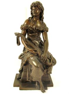 Antique Hippolyte Hip Moreau Bronze Sculpture Maiden Seated with Lute