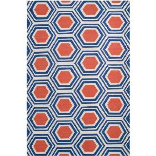 5 x 8 Retro Octagon Poppy Red and Blue Wool Area Throw
