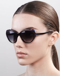 Scalloped Modified Cat Eye Sunglasses, Black/Burgundy