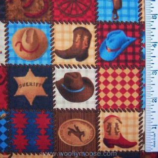  Ranch Cowboy Boots Lasso Horse Hat Squares Fabric 1 2yd