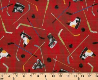 Hockey Gear Sticks Stick Pucks Puck on Red Sports Cotton Fabric Print