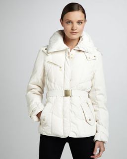 coat available in black ivory $ 495 00 cole haan short belted puffer