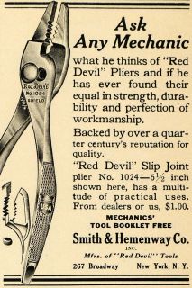 1922 Ad Smith Hemenway Hardware Tools Red Devil Pliers   ORIGINAL