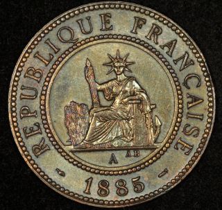 1885 A FRENCH INDO CHINA CENT AU KM#3 GREEN TONED