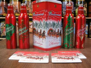 2007 Budweiser Christmas Aluminum Beer Bottle Set w Tin