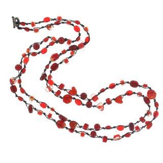 33 Red Glass Bead Necklace on a Black Knotted Cord with a