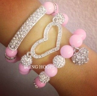  Pink Rhinestone Swarovski Heart Bracelet Set Friendship Honesty