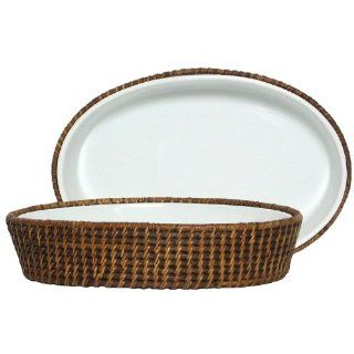 Woven Rattan Oval Basket with Large White Ceramic Baker 32