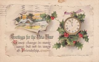 Antique New Year Postcard c1912 Clock Holly Embossed Horwitz