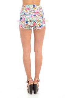  Waisted Multi Floral Turn Up Denim Shorts Hotpants 6 8 10 12 14