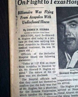 HOWARD HUGHES Aviator & Business Magante Airplane Flight DEATH 1976 NY