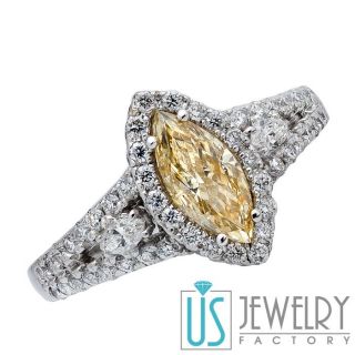 Canary Yellow Marquise Diamond Engagement Ring w Round Marquise Side