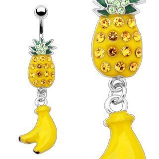 Enameled Pinapple with Gem Belly Ring and Banana Dangle