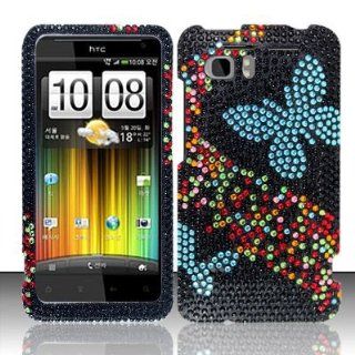 BLUE BUTTERFLY Hard Plastic Bling Rhinestone Case for HTC