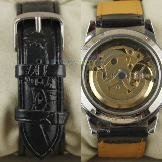 Golden Skeleton Dial Design Mens Leather Wrist Watch Automatic