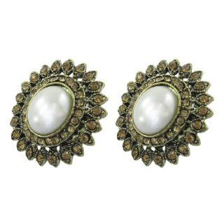 Rosallini Pair White Plastic Faux Pearl Decor Brass Tone Earrings