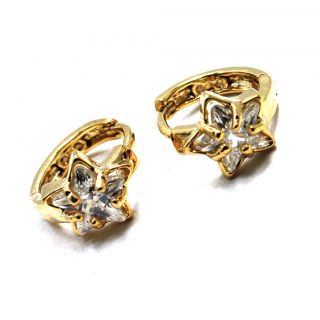 Gold 18K GF Earrings Small Hoop Huggie Flower Crystal CZ Girl Lady