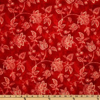 108 Wide Essential Jacobean Floral Vine Burnt Red Fabric