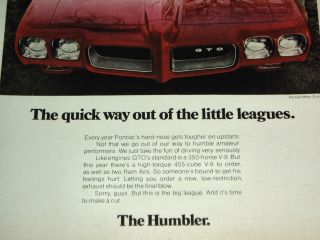 1970 Pontiac GTO The Humbler Print Ad Poster Sign LeMans 455 Big Block