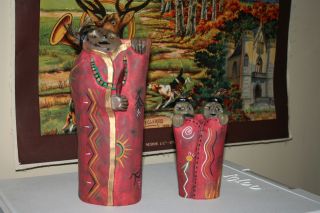 Lot of 2 Native American Indian Pottery Blanket Lady Signed Art by