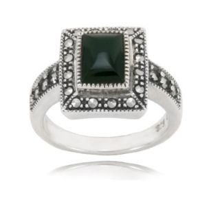 Sterling Silver Marcasite and Onyx Rectangular Ring, Size 5 Jewelry