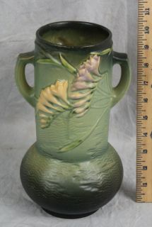 L152 Roseville Freesia 126 10 Bulbous Handled Cylinder Vase Green