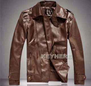  Slim PU Leather Biker Jacket Coat Zipper Brown Khaki M XXL K0E1
