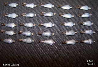 25) Tear Drop Ice Fishing Jigs Silver Glitter Size 10 Gold Hooks