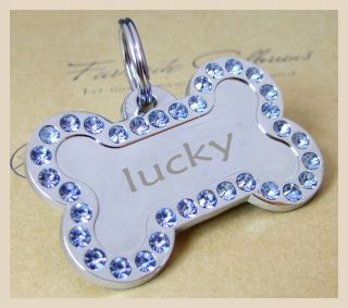 Pet ID Tags Double Crystal gem Side Engraved Stainless Steel Tag Dog